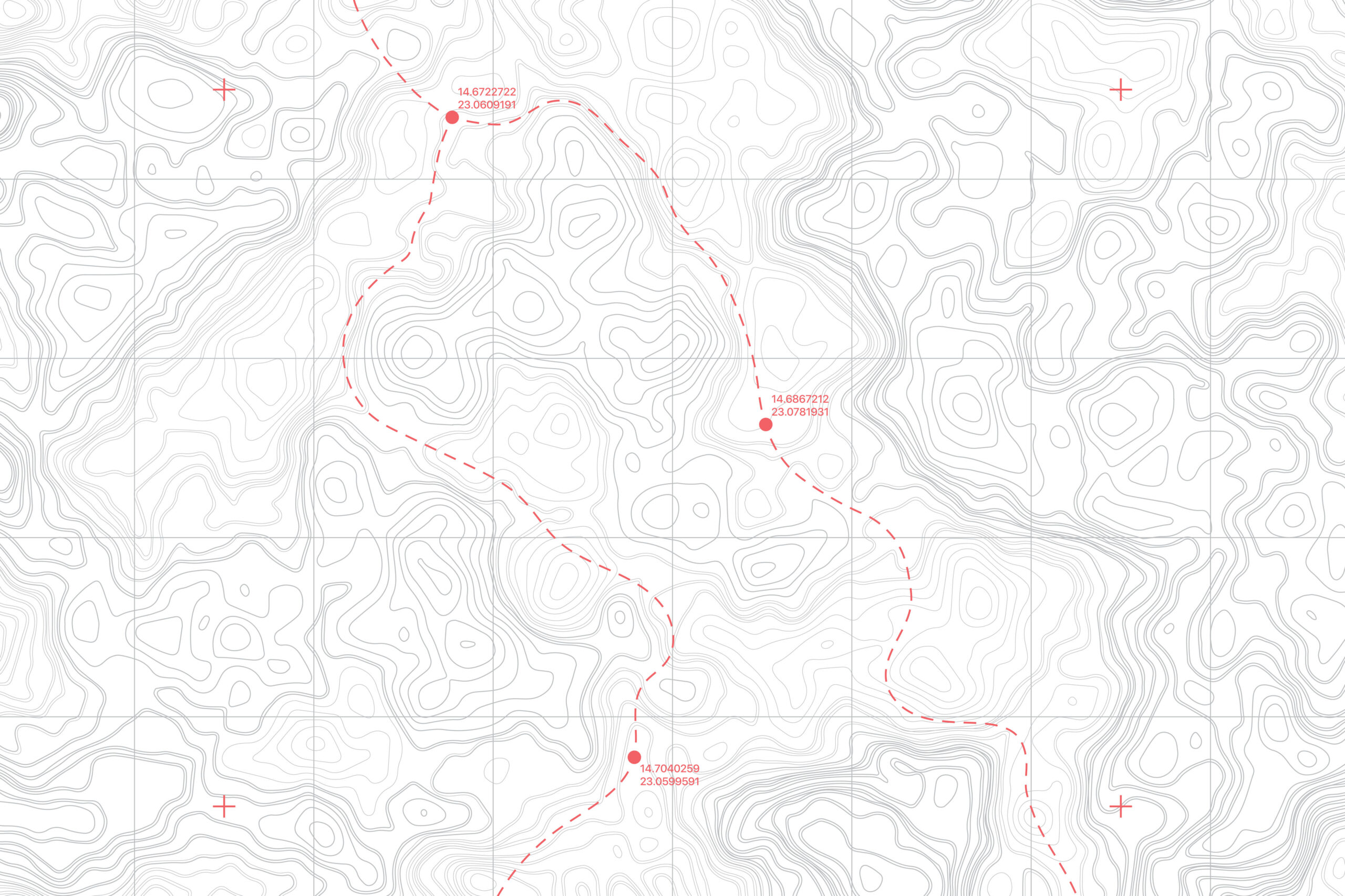 Topographic contour map with a red route